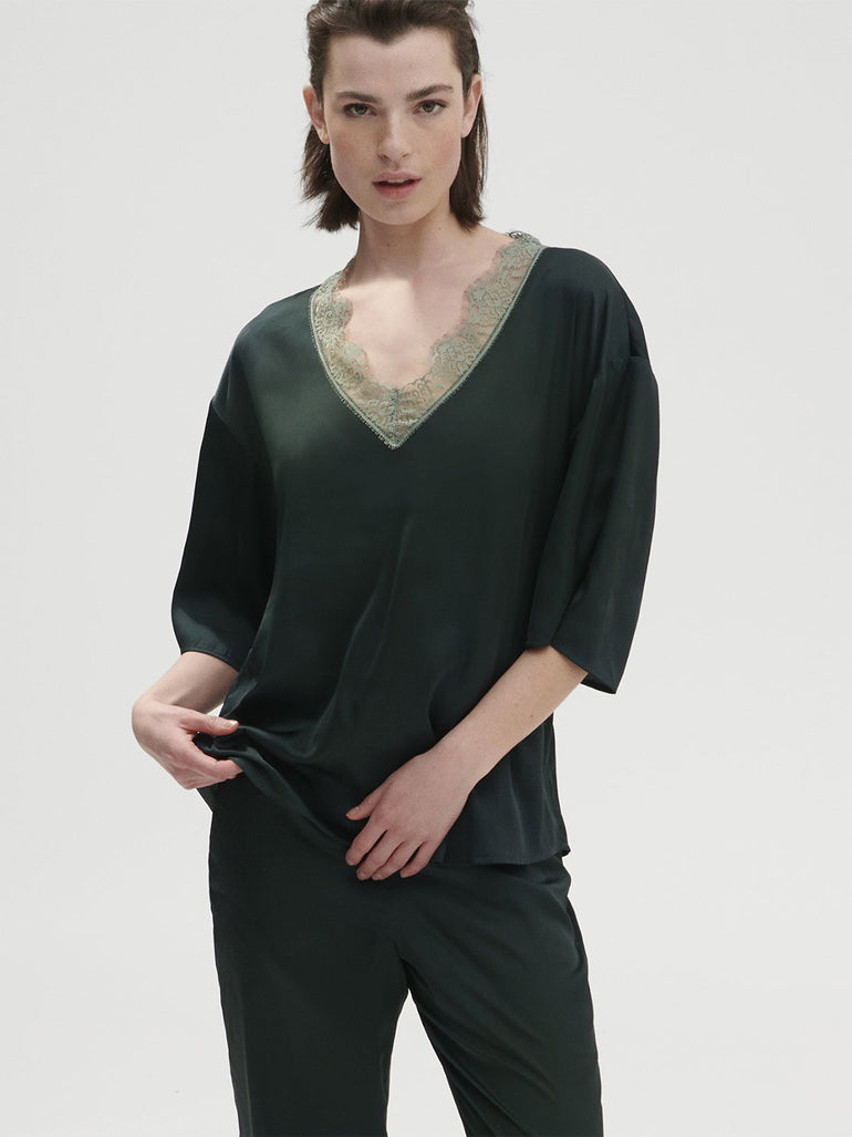 Satin Secrets Short Sleeve Top - Kolsaï Green