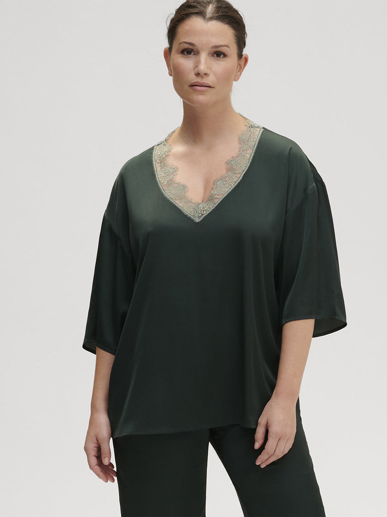 Satin Secrets Short Sleeve Top - Kolsaï Green